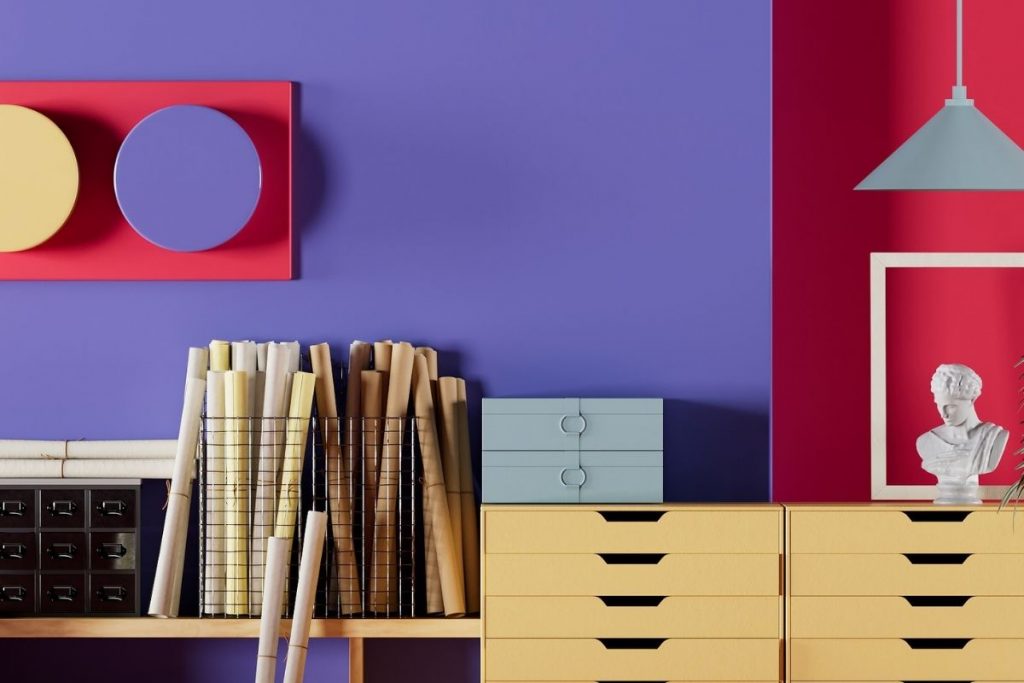 Home office showing filing cabinet and wall painted in Pantone colour of the year