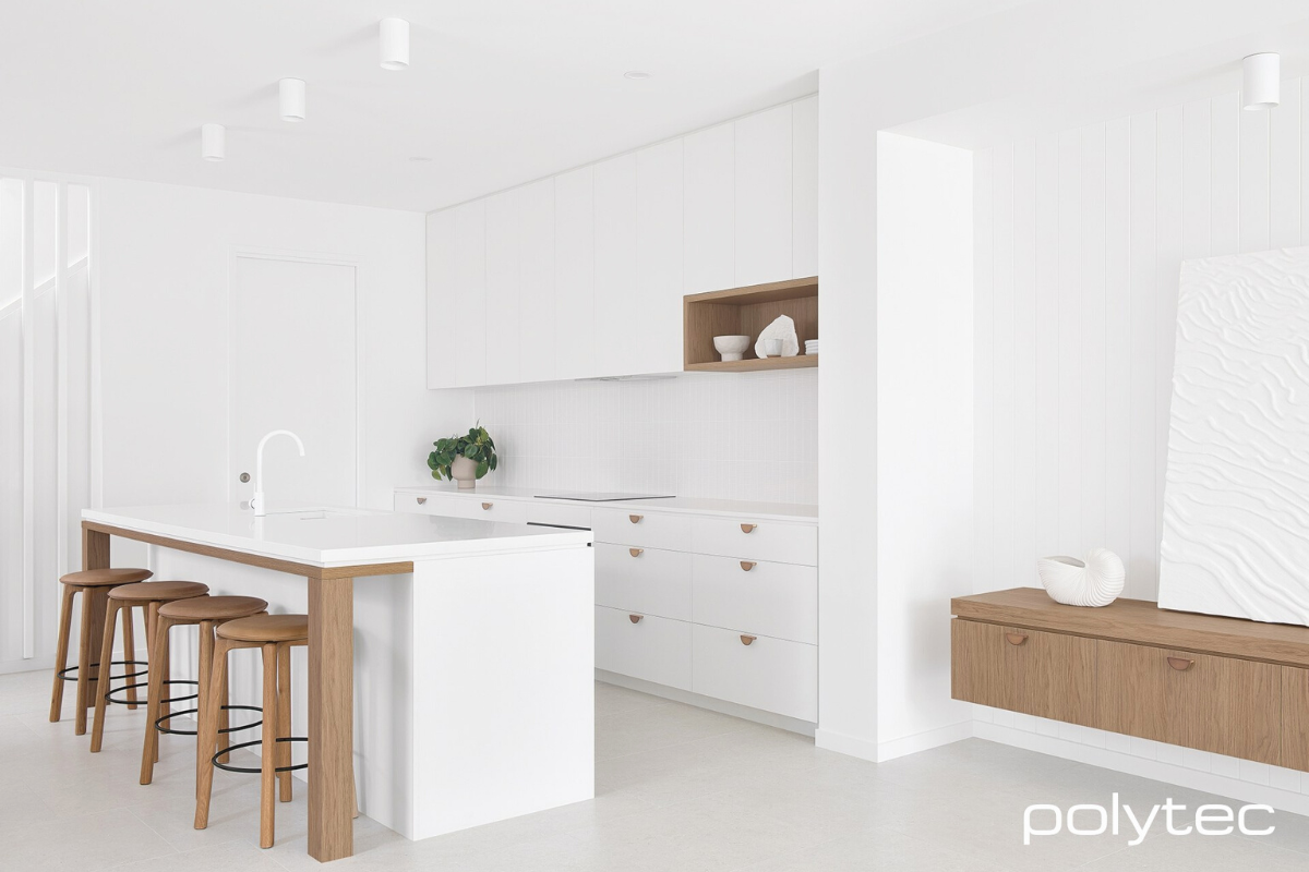 polytec Blossom White kitchen with timber contrasts