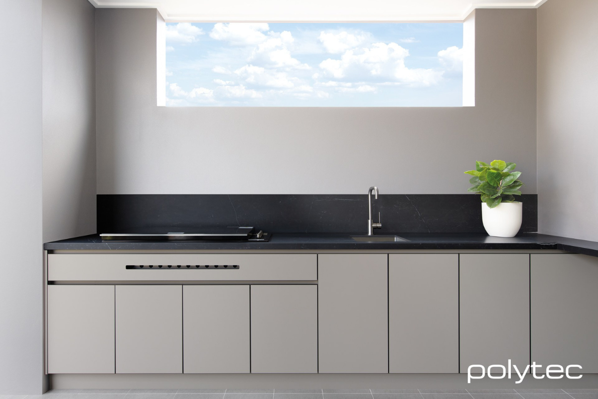 polytec Stone Grey kitchen cabinetry with black benchtop